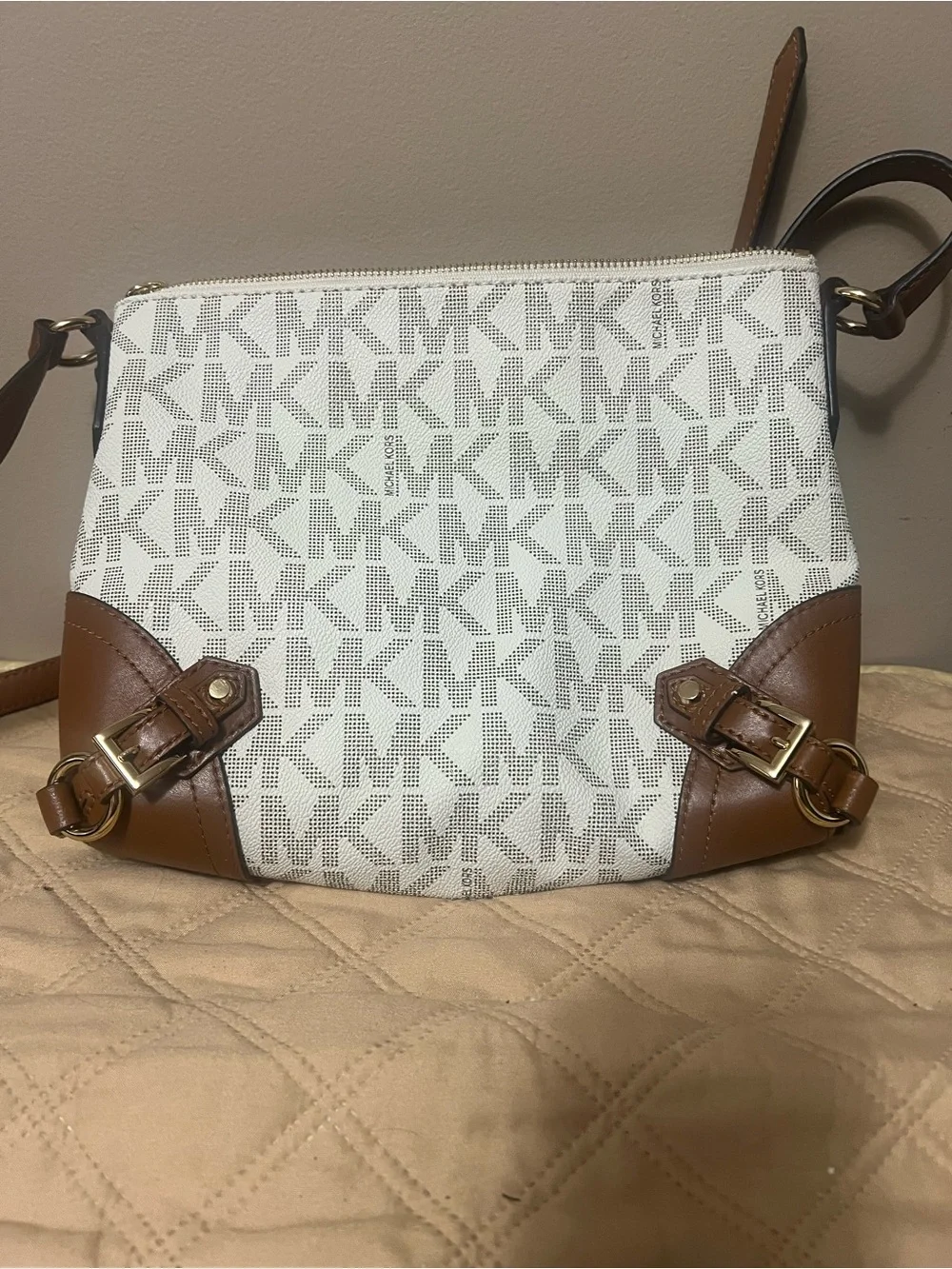 Michael Kors White and Brown MK Logo Crossbody with Leather Trim
